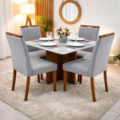 Mesa de Jantar Moscou 90x90 Vidro Off Base Cinamomo Minas Plac + 4 Cadeiras Isabela Linho Cinza 05 Estrutura Madeira KM Decor | Entregue Montada