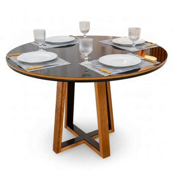 Mesa de Jantar Atlanta Redonda 120cm Vidro Preto Base Madeira Minas Plac + 4 Cadeiras Isabela Linho Cinza 05 KM Decor - Entregue Montada
