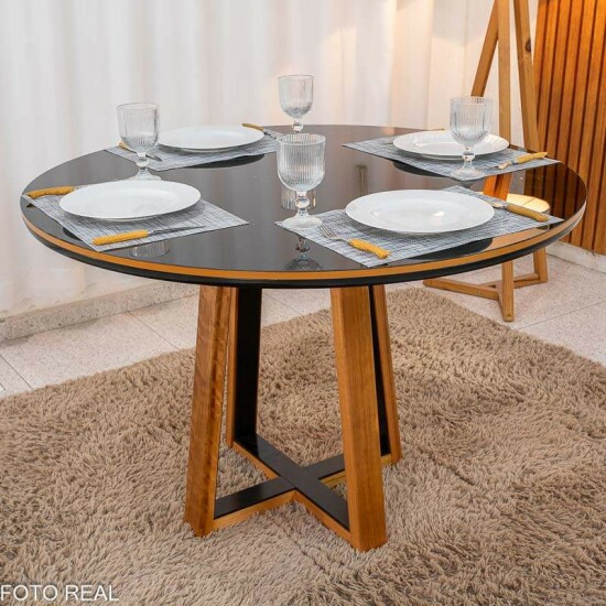 Mesa de Jantar Atlanta Redonda 120cm Vidro Preto Base Madeira Minas Plac + 4 Cadeiras Isabela Linho Cinza 05 KM Decor - Entregue Montada