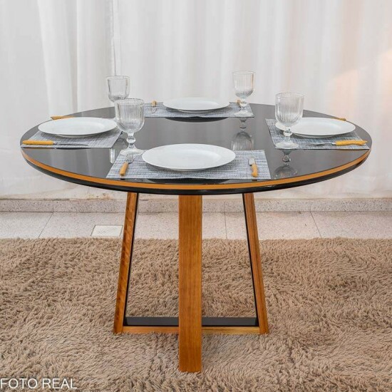 Mesa de Jantar Atlanta Redonda 120cm Vidro Preto Base Madeira Minas Plac + 4 Cadeiras Isabela Linho Cinza 05 KM Decor - Entregue Montada