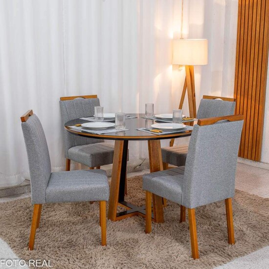 Mesa de Jantar Atlanta Redonda 120cm Vidro Preto Base Madeira Minas Plac + 4 Cadeiras Isabela Linho Cinza 05 KM Decor - Entregue Montada