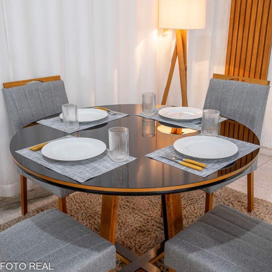 Mesa de Jantar Atlanta Redonda 120cm Vidro Preto Base Madeira Minas Plac + 4 Cadeiras Isabela Linho Cinza 05 KM Decor - Entregue Montada