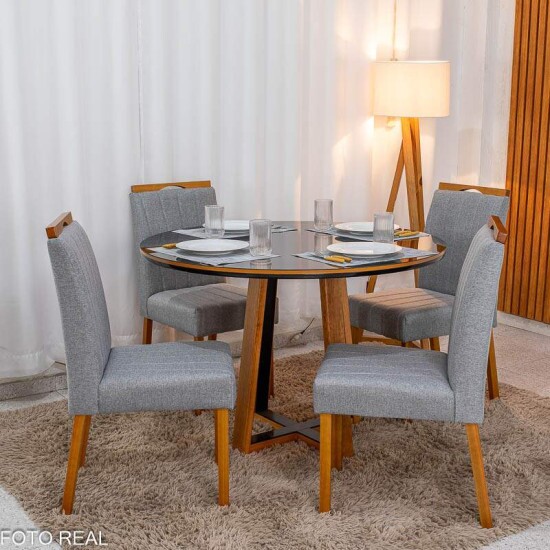 Mesa de Jantar Atlanta Redonda 120cm Vidro Preto Base Madeira Minas Plac + 4 Cadeiras Isabela Linho Cinza 05 KM Decor - Entregue Montada