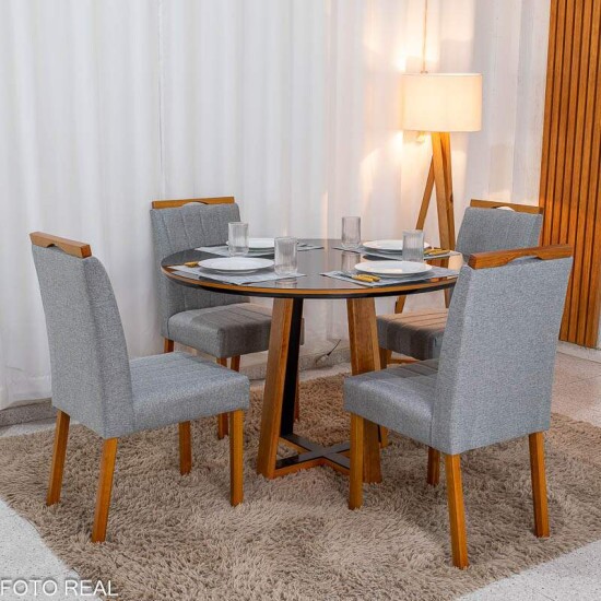 Mesa de Jantar Atlanta Redonda 120cm Vidro Preto Base Madeira Minas Plac + 4 Cadeiras Isabela Linho Cinza 05 KM Decor - Entregue Montada