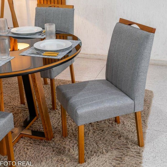 Mesa de Jantar Atlanta Redonda 120cm Vidro Preto Base Madeira Minas Plac + 4 Cadeiras Isabela Linho Cinza 05 KM Decor - Entregue Montada