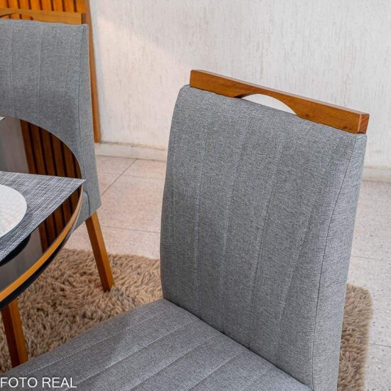 Mesa de Jantar Atlanta Redonda 120cm Vidro Preto Base Madeira Minas Plac + 4 Cadeiras Isabela Linho Cinza 05 KM Decor - Entregue Montada
