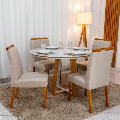 Mesa de Jantar Atlanta Redonda 120cm Vidro Off/Base Madeira - Minas Plac + 4 Cad. Isabela Linho Bege 01 Madeira KM Decor - Entregue Montada