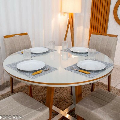 Mesa de Jantar Atlanta Redonda 120cm Vidro Off/Base Madeira - Minas Plac + 4 Cad. Isabela Linho Bege 01 Madeira KM Decor - Entregue Montada