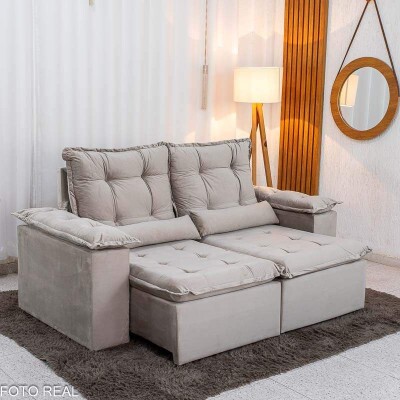 Sof� Retr�til Reclin�vel Gr�cia 2.00m Veludo Bege - Sem caixa