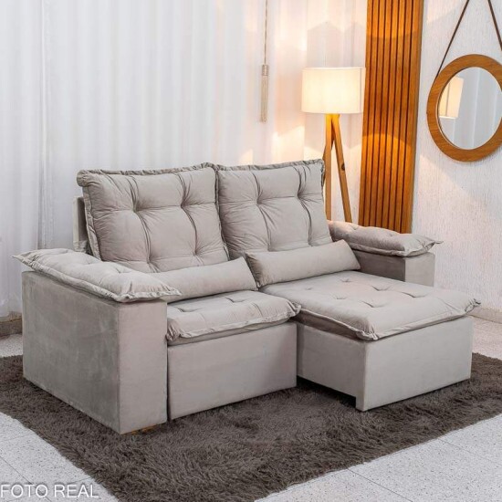 Sof� Retr�til Reclin�vel Gr�cia 2,00m Veludo Bege - Sem Caixa
