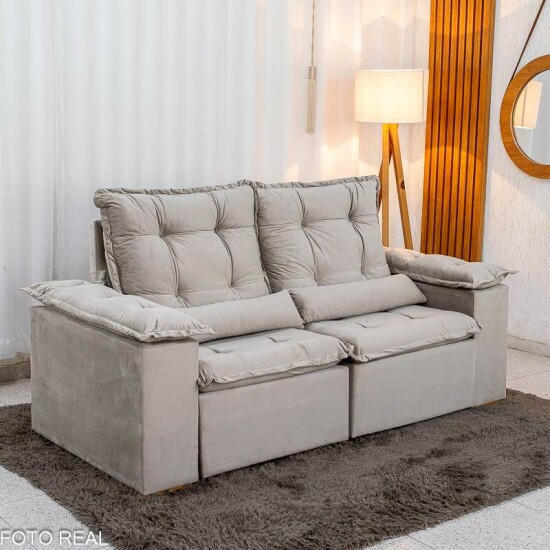 Sof� Retr�til Reclin�vel Gr�cia 2,00m Veludo Bege - Sem Caixa