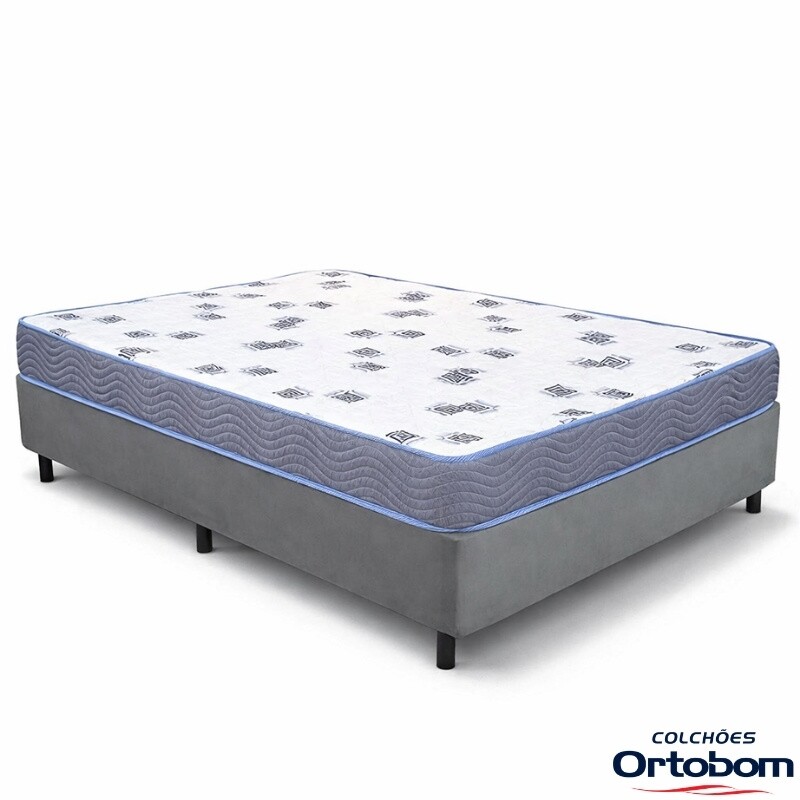 Box Casal Sued Cinza Ortobel + Colchão Casal Light 100% Espuma D33