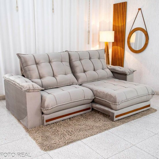 Sof� Retr�til Reclin�vel Barcelona 2.50m Veludo Cinza 319 - D33 e Molas Ensacadas