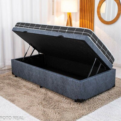 Colch�o Solteiro Espuma Soffie Lotus Nosso Sonho + Base Box Ba� Solteiro Confort Linh�o Petr�leo Blindado Issacar - 88x188x57 cm