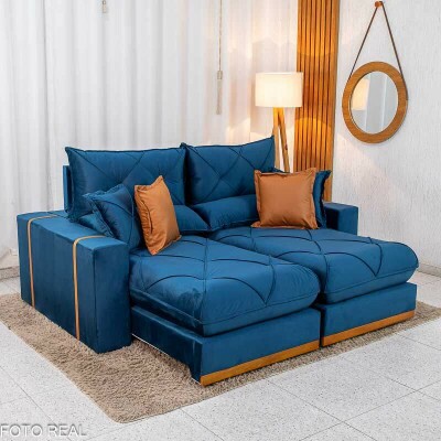 Sof� Retr�til Reclin�vel Gran Bello 2,00m Veludo Azul - Molas Ensacadas