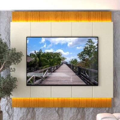 Painel 2,18m Magn�fico 220 Nature/Off com LED e Detalhe Ripado para TV at� 85