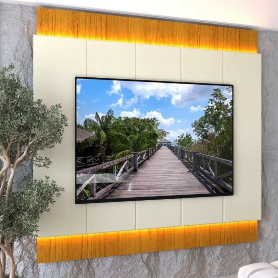 Painel 2,18m Magn�fico 220 Nature/Off com LED e Detalhe Ripado para TV at� 85\" - Gelius