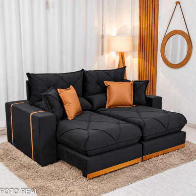 Sof� Retr�til Reclin�vel Gran Bello 2,00m Veludo Preto - Molas Ensacadas