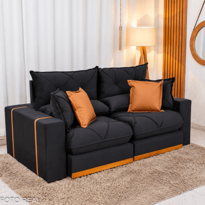 Sof� Retr�til Reclin�vel Gran Bello 2,00m Veludo Preto - Molas Ensacadas