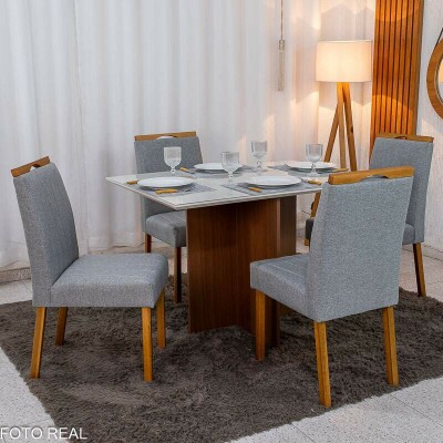Mesa de Jantar Helo 120�90 Vidro Off/Base Mel Poliman + 4 Cad. Isabela Linho Cinza 05 Madeira Maci�a KM Decor - Entregue Montada