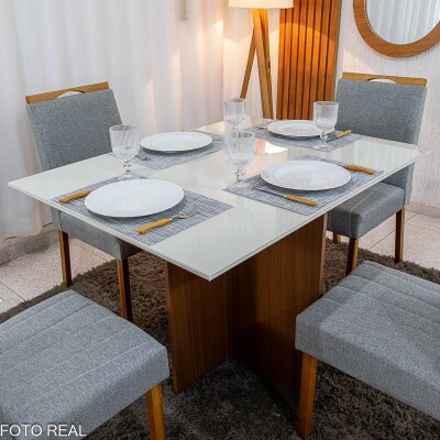 Mesa de Jantar Helo 120�90 Vidro Off/Base Mel Poliman + 4 Cad. Isabela Linho Cinza 05 Madeira Maci�a KM Decor - Entregue Montada