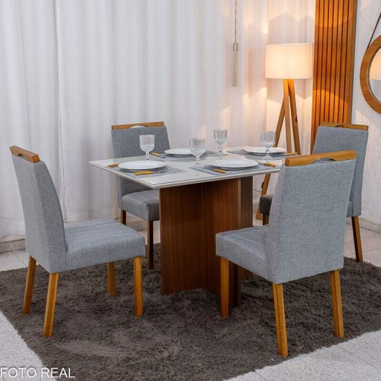 Mesa de Jantar Helo 120x90 Vidro Off Base Mel Poliman + 4 Cadeiras Isabela Linho Cinza 05 KM Decor - Entregue Montada