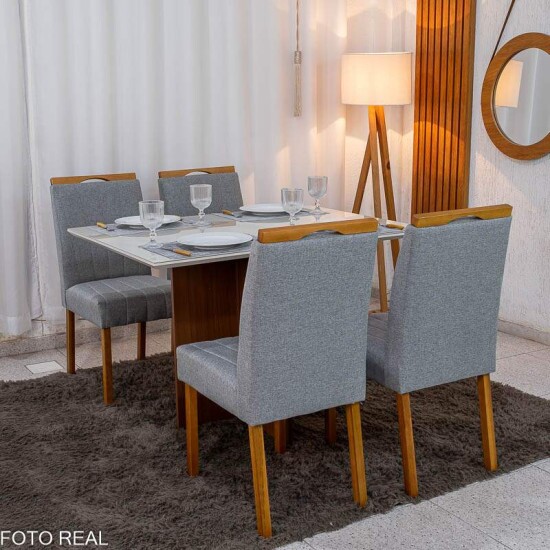 Mesa de Jantar Helo 120x90 Vidro Off Base Mel Poliman + 4 Cadeiras Isabela Linho Cinza 05 KM Decor - Entregue Montada