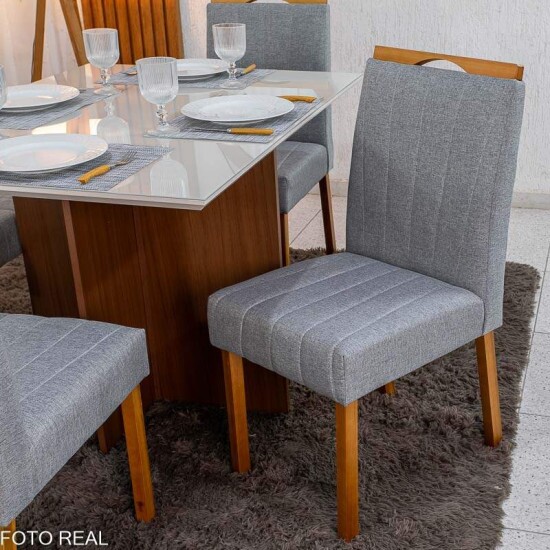 Mesa de Jantar Helo 120x90 Vidro Off Base Mel Poliman + 4 Cadeiras Isabela Linho Cinza 05 KM Decor - Entregue Montada