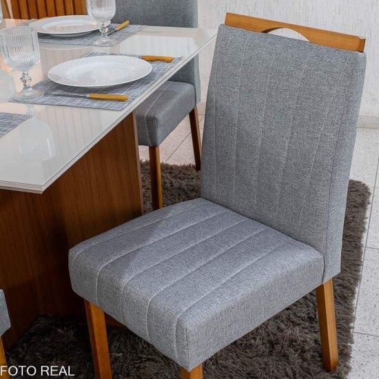 Mesa de Jantar Helo 120x90 Vidro Off Base Mel Poliman + 4 Cadeiras Isabela Linho Cinza 05 KM Decor - Entregue Montada