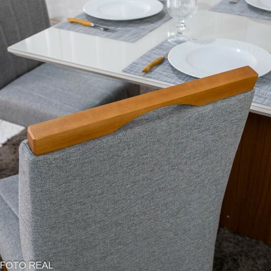 Mesa de Jantar Helo 120x90 Vidro Off Base Mel Poliman + 4 Cadeiras Isabela Linho Cinza 05 KM Decor - Entregue Montada