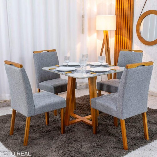 Mesa de Jantar Bali 90x90 Vidro Off Base Minas Plac + 4 Cadeiras Isabela Linho Cinza 05 KM Decor - Entregue Montada