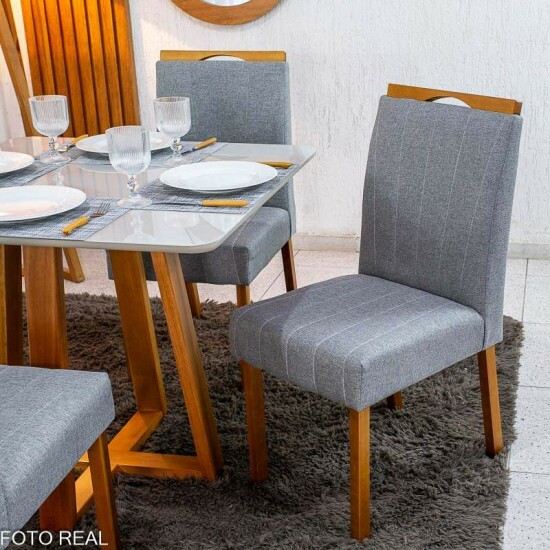 Mesa de Jantar Bali 90x90 Vidro Off Base Minas Plac + 4 Cadeiras Isabela Linho Cinza 05 KM Decor - Entregue Montada