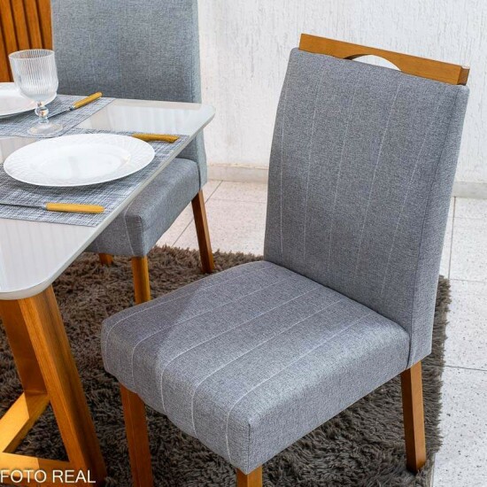 Mesa de Jantar Bali 90x90 Vidro Off Base Minas Plac + 4 Cadeiras Isabela Linho Cinza 05 KM Decor - Entregue Montada