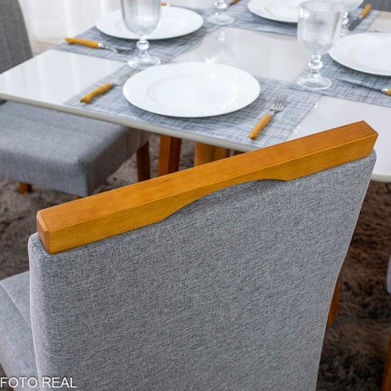 Mesa de Jantar Bali 90x90 Vidro Off Base Minas Plac + 4 Cadeiras Isabela Linho Cinza 05 KM Decor - Entregue Montada