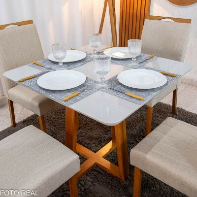 Mesa de Jantar Bali 90x90 Vidro Off Base Minas Plac + 4 Cadeiras Isabela Linho Bege 01 KM Decor - Entregue Montada