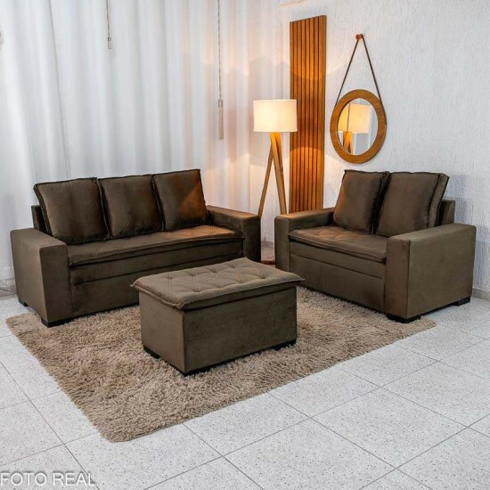Sof� 3 e 2 Lugares Fran�a com Puff Veludo Marrom A17
