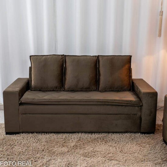 Sof� 3 e 2 Lugares Fran�a com Puff Veludo Marrom A17