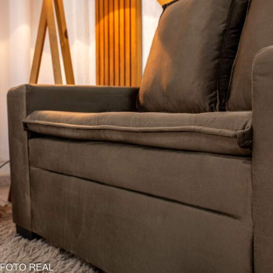 Sof� 3 e 2 Lugares Fran�a com Puff Veludo Marrom A17