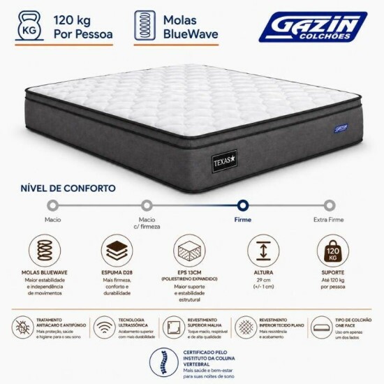 Colch�o Casal Molas Ensacadas BlueWave Texas Gazin + Base Box Casal Universal Linho Grafite Gazin - 138x188x69