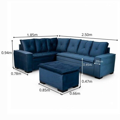 Sof� Canto 5 lugares com Puff Alemanha Veludo Azul A16