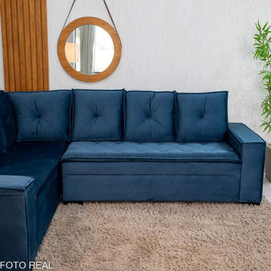 Sof� Canto 5 lugares com Puff Alemanha Veludo Azul A16