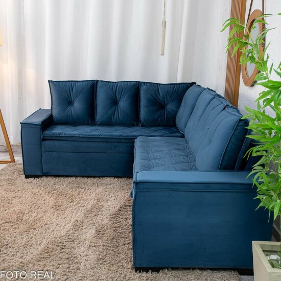 Sof� Canto 5 lugares com Puff Alemanha Veludo Azul A16