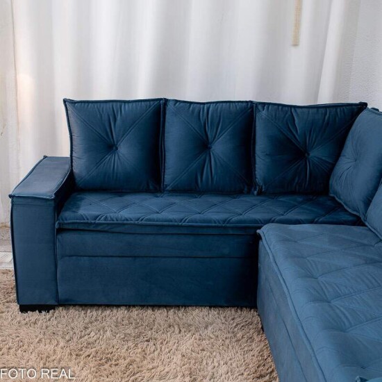 Sof� Canto 5 lugares com Puff Alemanha Veludo Azul A16