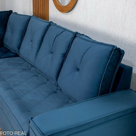 Sof� Canto 5 lugares com Puff Alemanha Veludo Azul A16