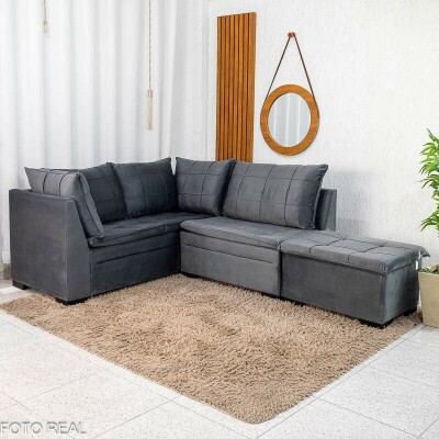 Sof� Canto 5 lugares com Puff Viena Veludo Grafite A15