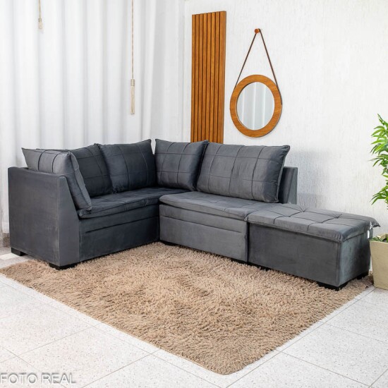 Sof� Canto 5 lugares com Puff Viena Veludo Grafite A15