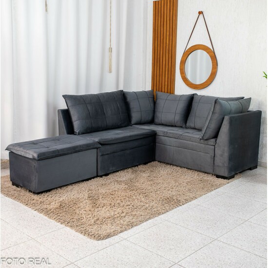 Sof� Canto 5 lugares com Puff Viena Veludo Grafite A15