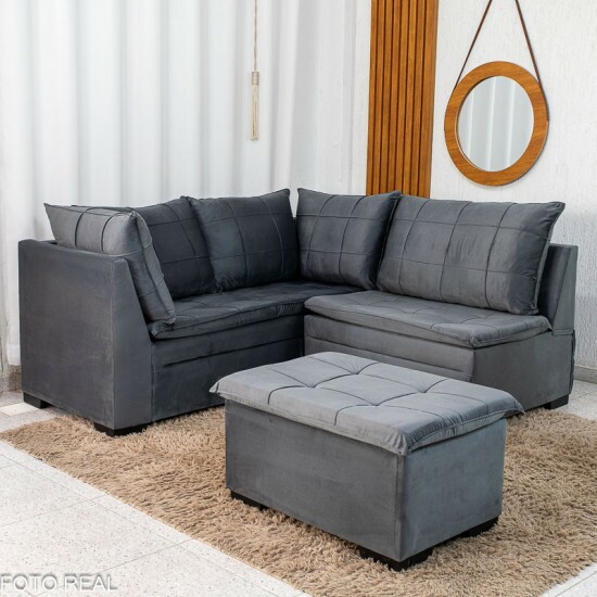 Sof� Canto 5 lugares com Puff Viena Veludo Grafite A15