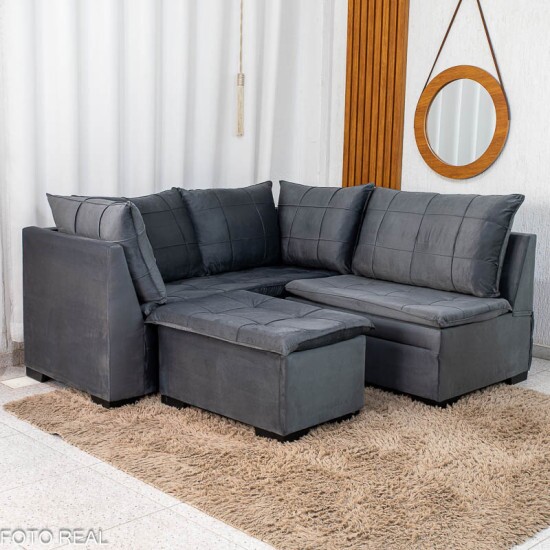 Sof� Canto 5 lugares com Puff Viena Veludo Grafite A15