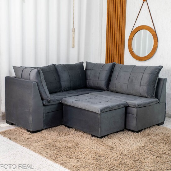 Sof� Canto 5 lugares com Puff Viena Veludo Grafite A15